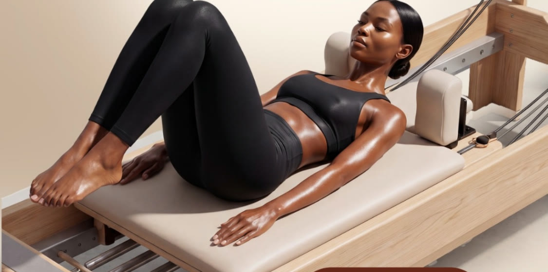 Femme allongée sur un reformer en bois clair