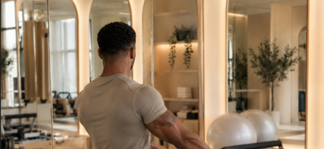 Homme en séance de Reformer devant les miroirs en arche